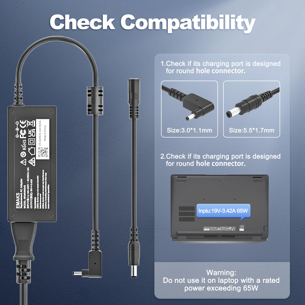Emaks compact 65W design fits in a laptop bag for on the go.