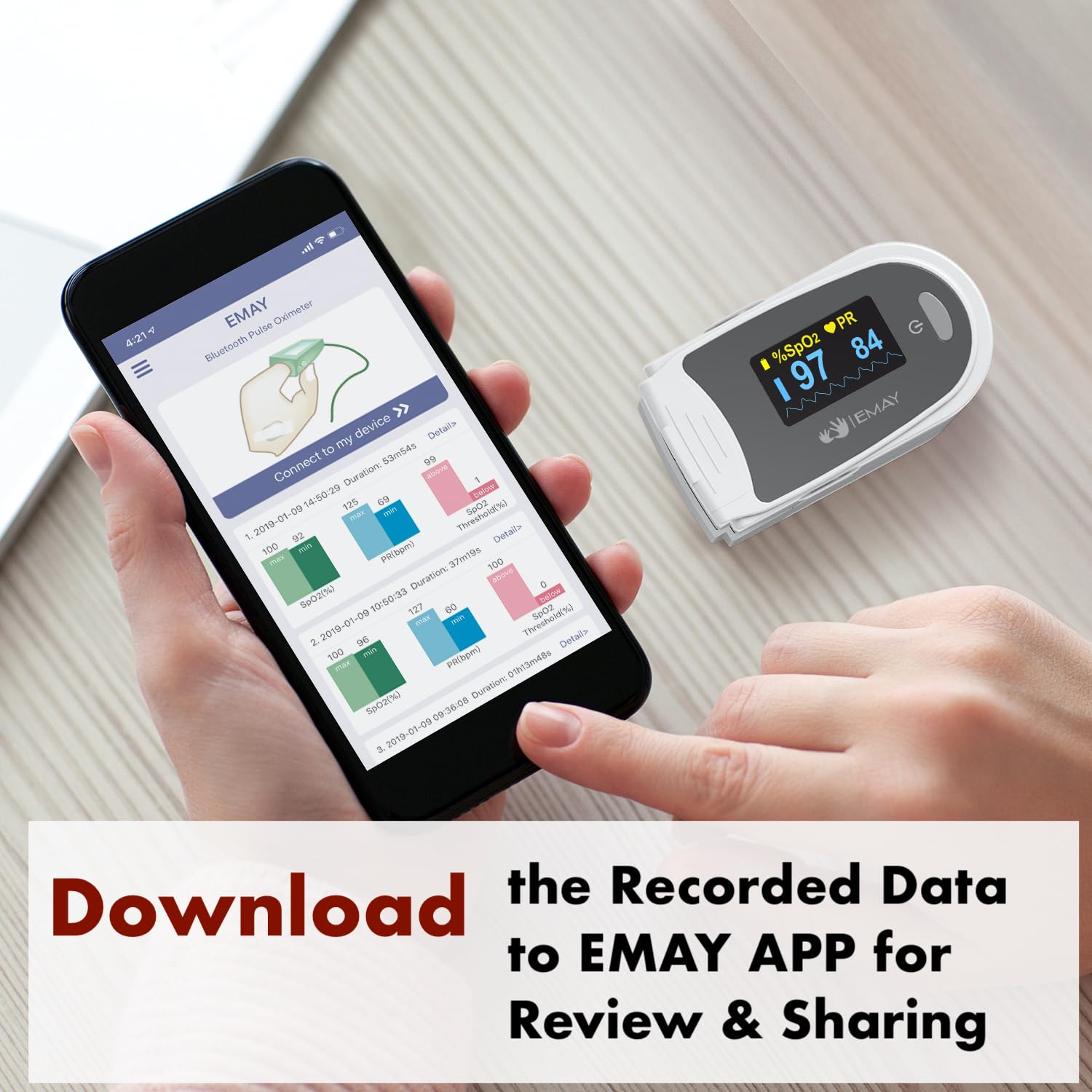 EMAY app screen shows data export option for sharing insights.