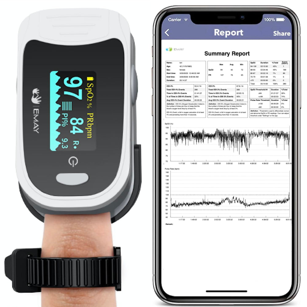 EMAY Sleep Oxygen Monitor front view with clear LCD for easy visibility during sleep.
