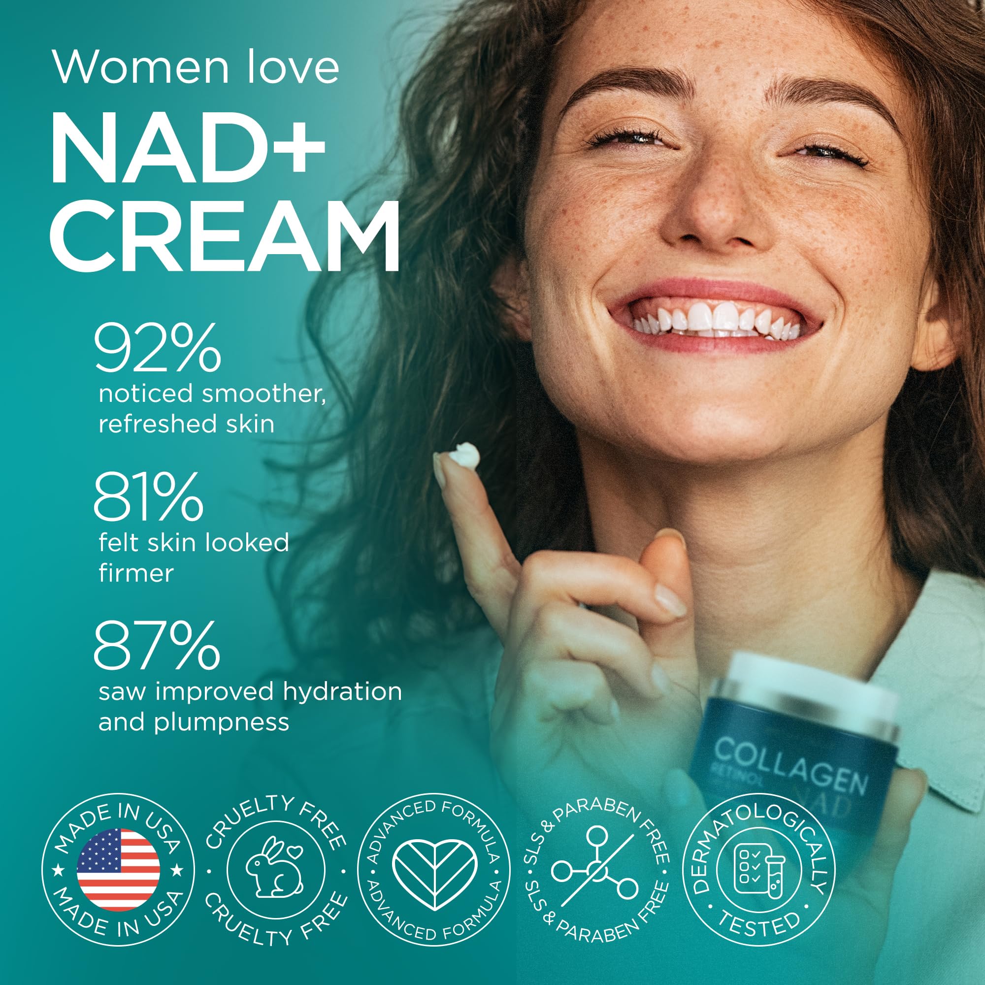 Ember Cloud Collagen NAD+ Cream airless-pump closeup emphasizes controlled, hygienic application