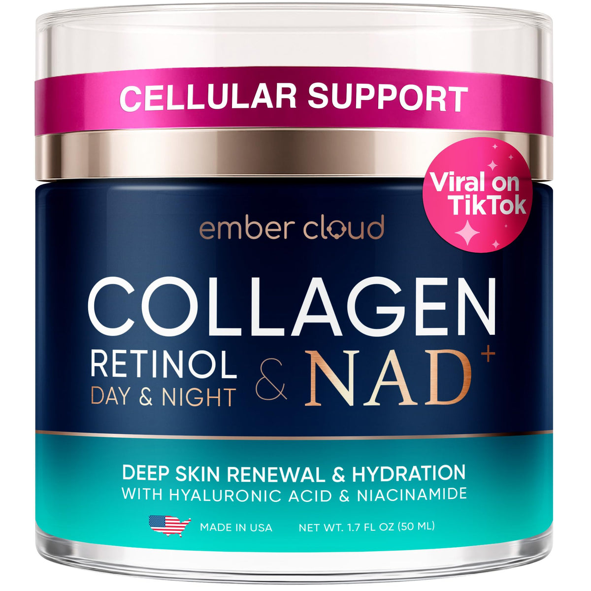 Ember Cloud Collagen NAD+ Cream bottle-front for daily hydration and elegant skincare routine