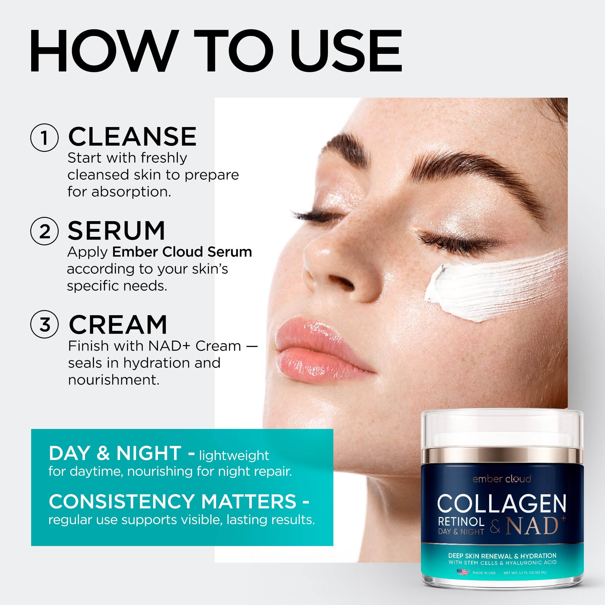Formulation-closeup of Ember Cloud Collagen NAD+ Cream highlights retinol, HA and niacinamide