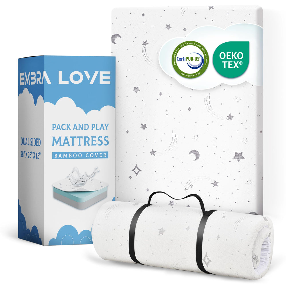 EMBRA LOVE Pack n Play mattress with bamboo cover, creating a clean, cozy sleep space.