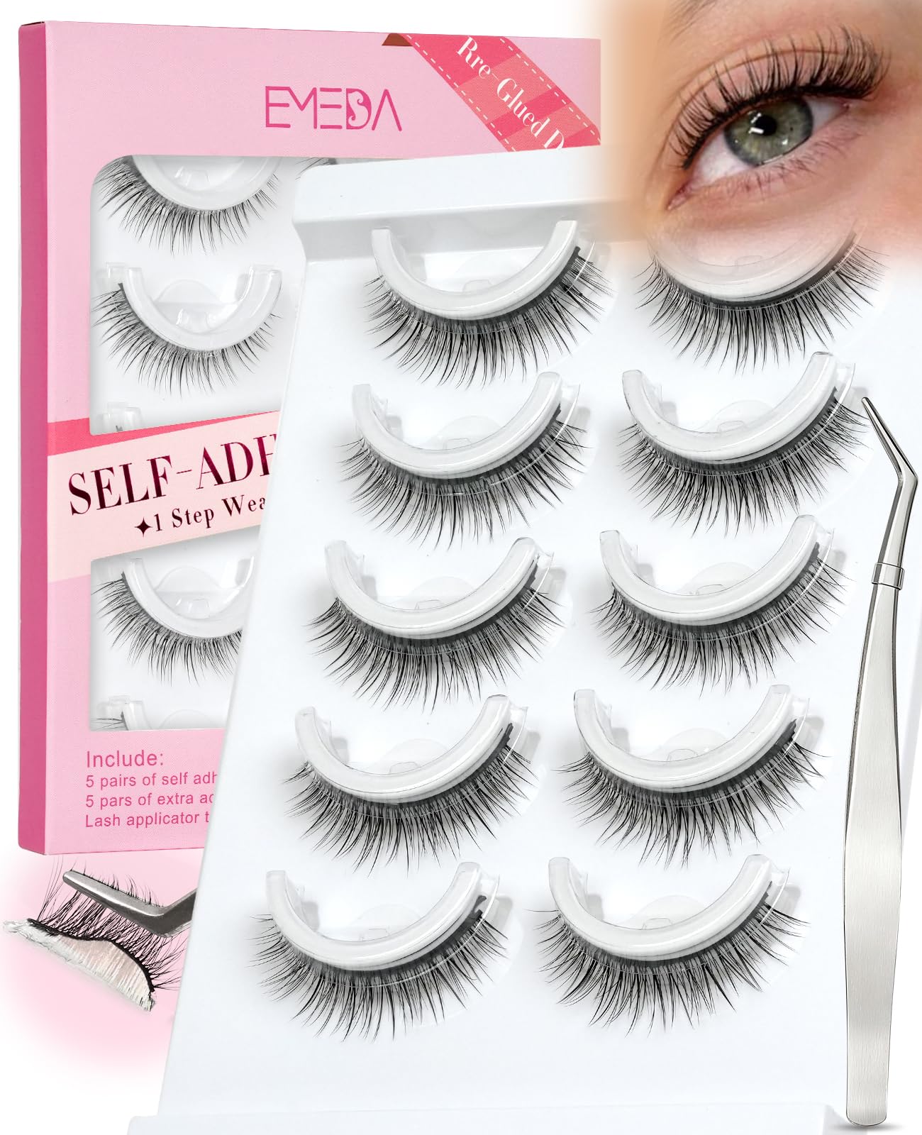 EMEDA 10mm self-adhesive lashes with natural cat-eye look and quick application