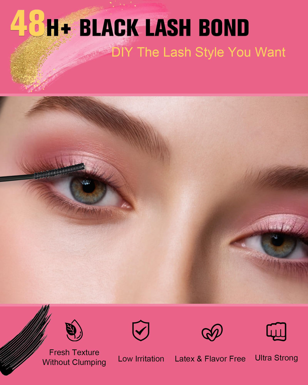 Close view of EMEDA spiral lash bond brush applying at lash base.