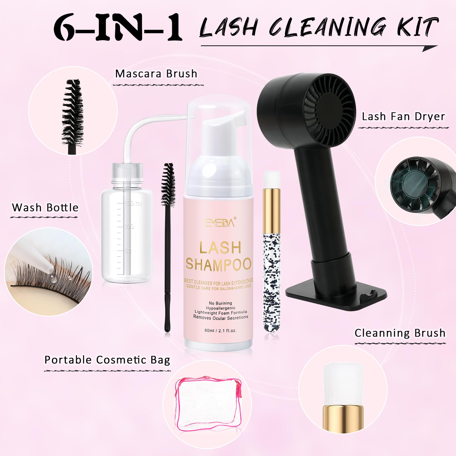 EMEDA lash shampoo 60ml bottle for gentle, safe cleansing