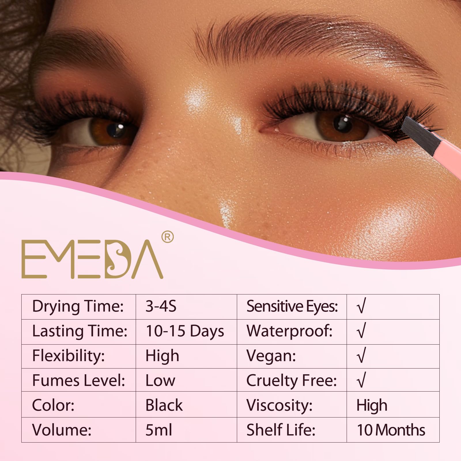 EMEDA rapid-dry lash glue swatch highlights three-second drying for efficient application.