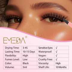 EMEDA rapid-dry lash glue swatch highlights three-second drying for efficient application.