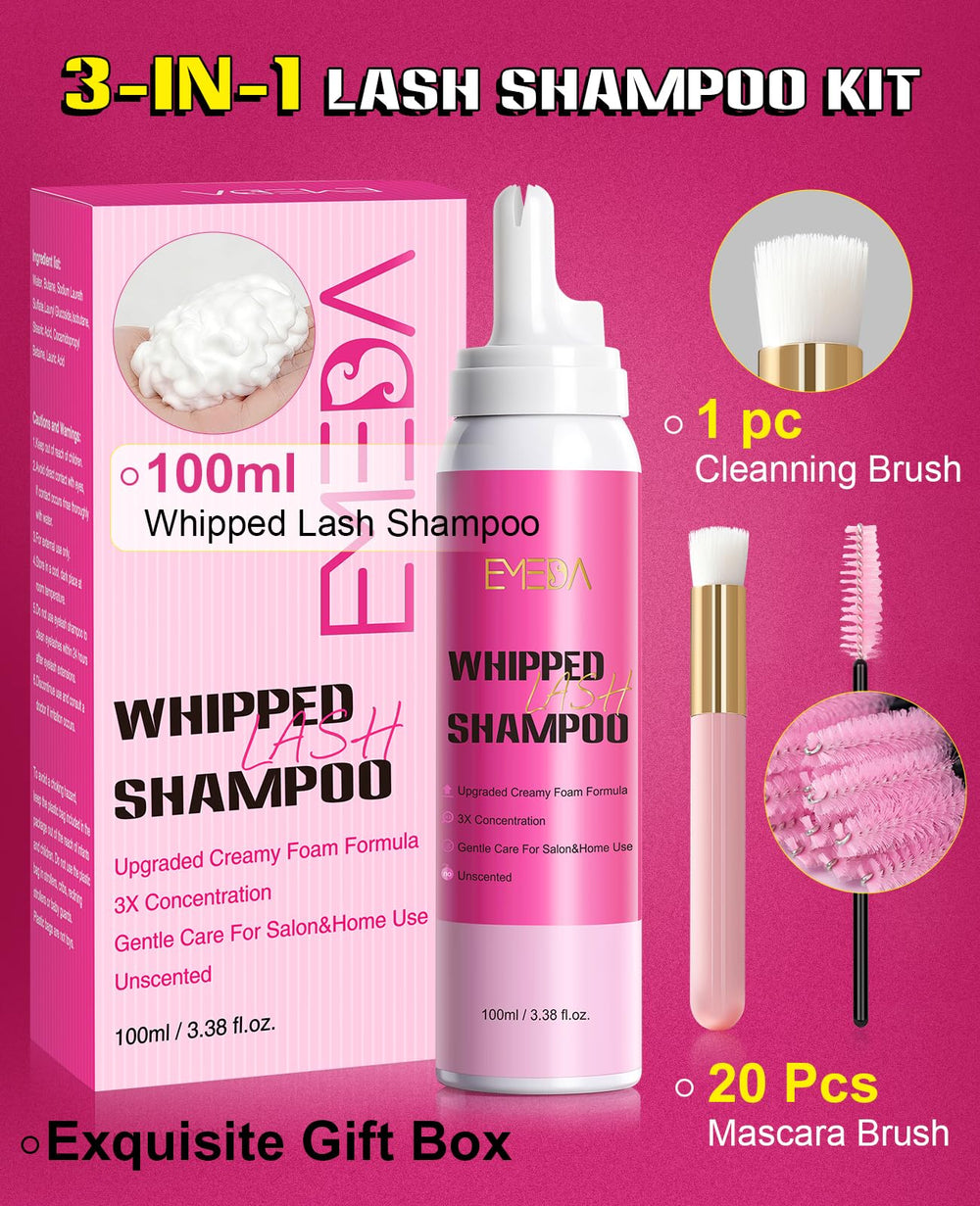 EMEDA tear-free formula close-up shows gentle, safe eyelash cleansing near eyes.