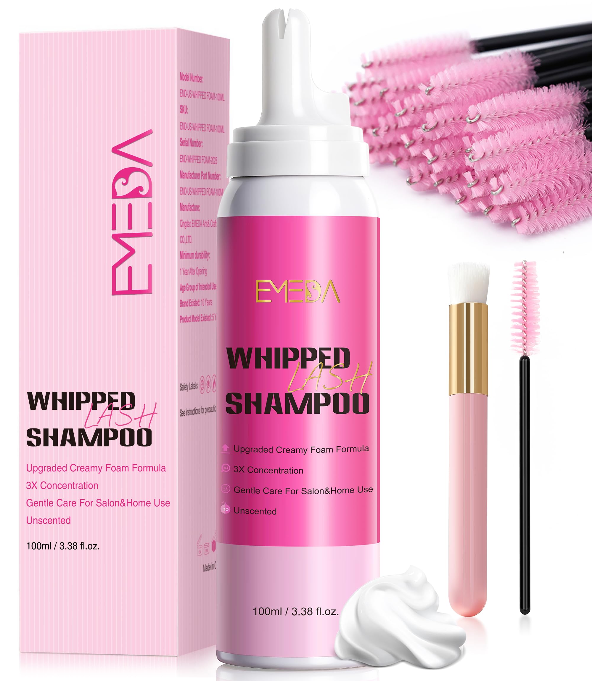 EMEDA Whipped Lash Shampoo Foam dispenses evenly for gentle lash extension cleansing.