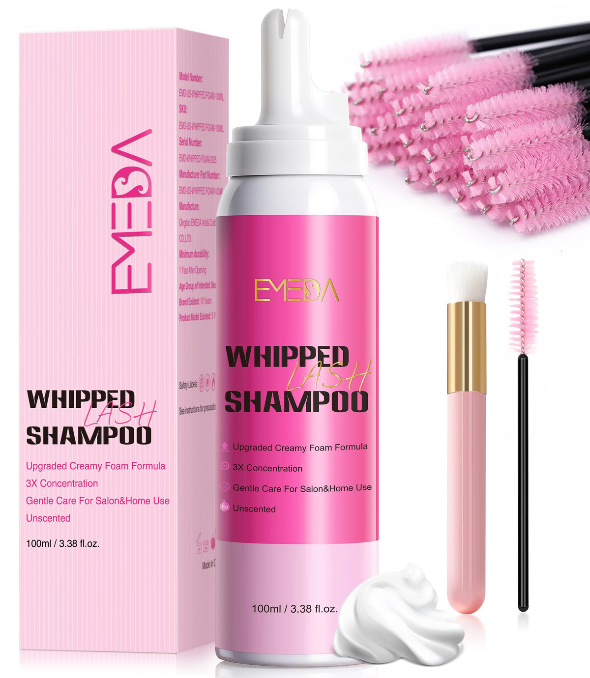 EMEDA Whipped Lash Shampoo Foam dispenses evenly for gentle lash extension cleansing.
