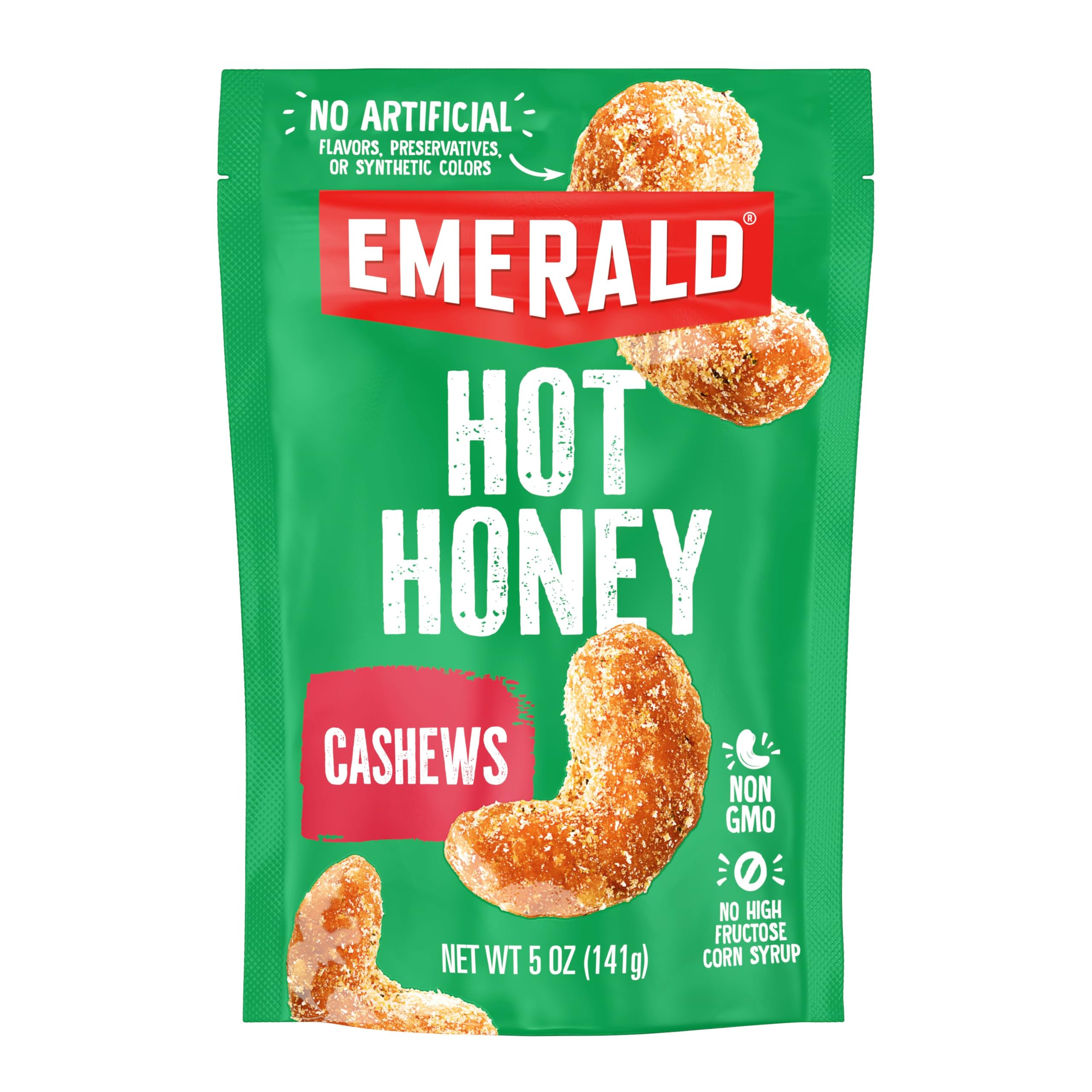 Emerald Hot Honey Cashews bag front highlights premium nuts in a resealable pouch for freshness.