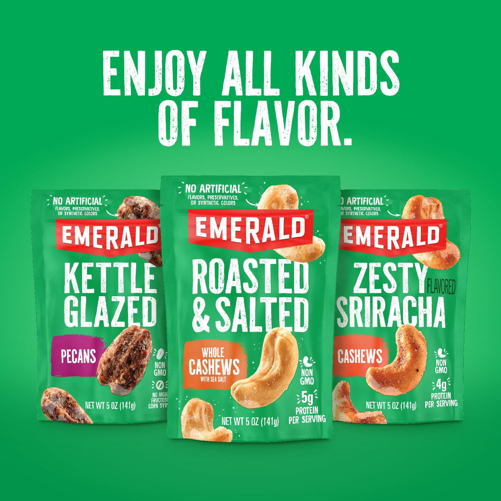 Emerald Hot Honey Cashews packaging highlights non GMO and no artificial additives.