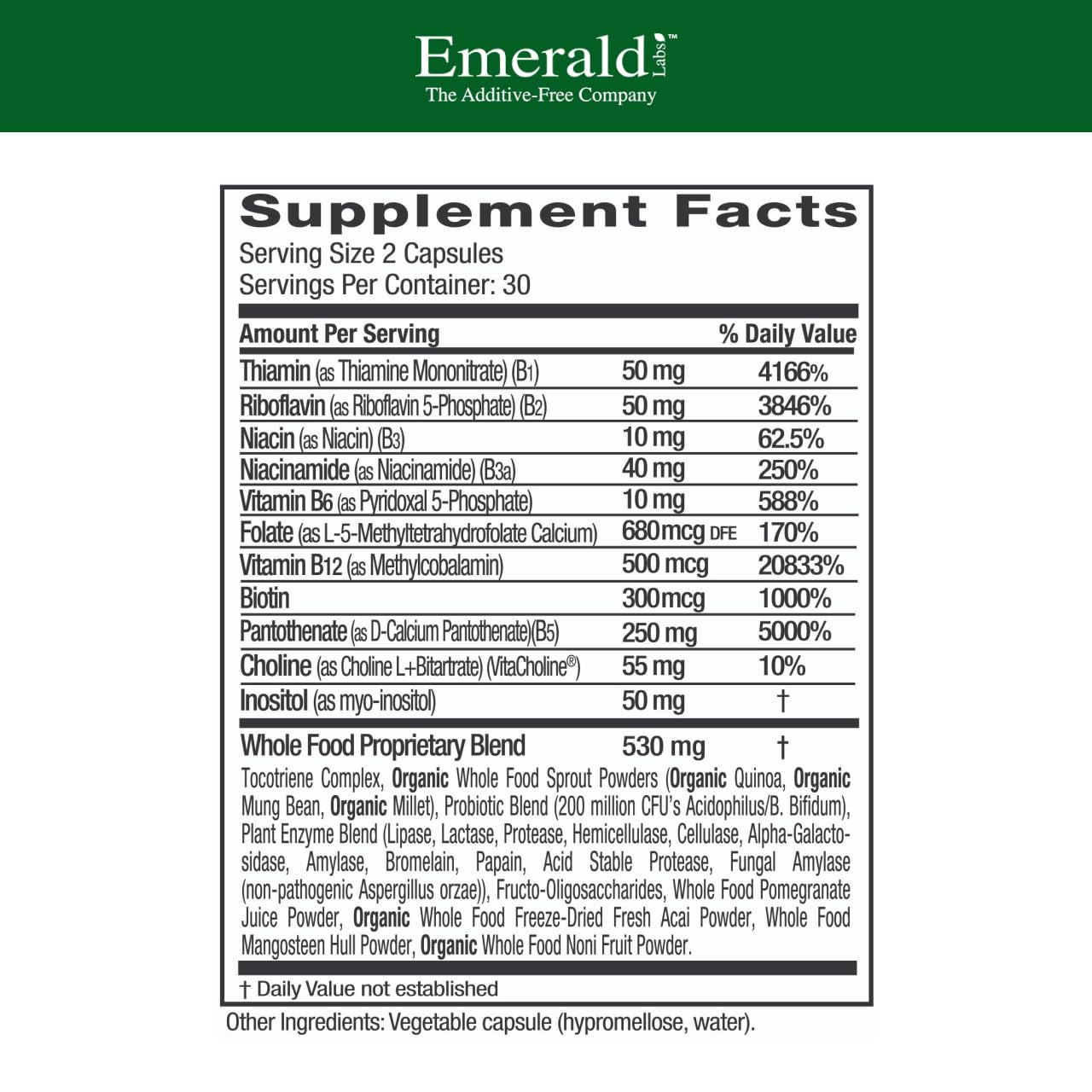 Emerald Labs B-Healthy bottle closeup highlighting methylated folic acid and B vitamins for energy support