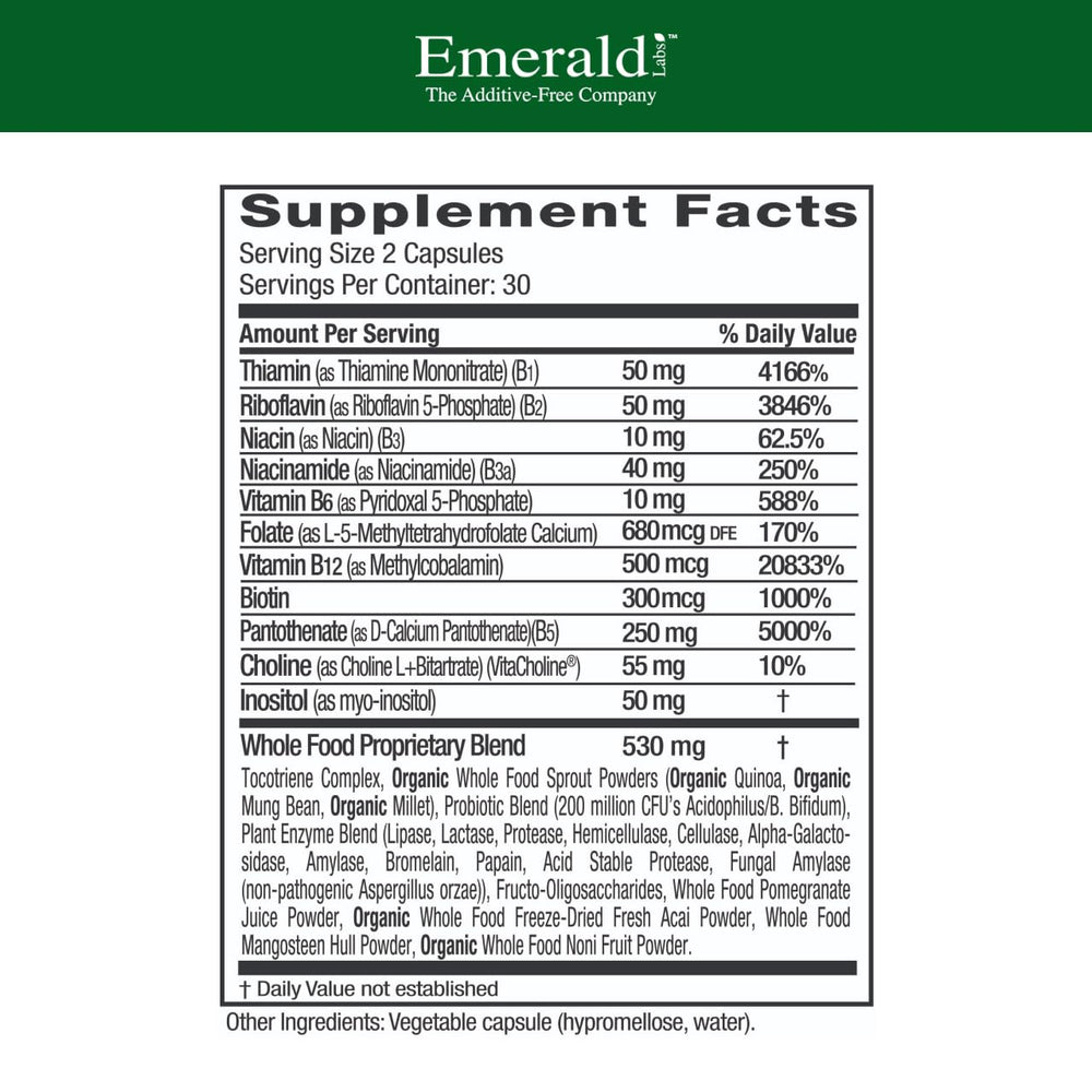 Emerald Labs B-Healthy bottle closeup highlighting methylated folic acid and B vitamins for energy support
