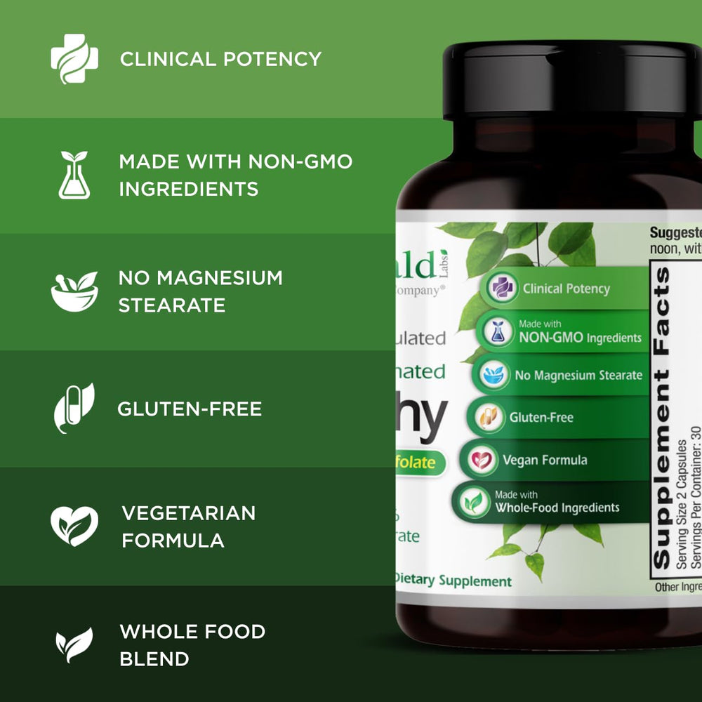 Emerald Labs B-Healthy label details emphasizing vegan, allergen-free formulation