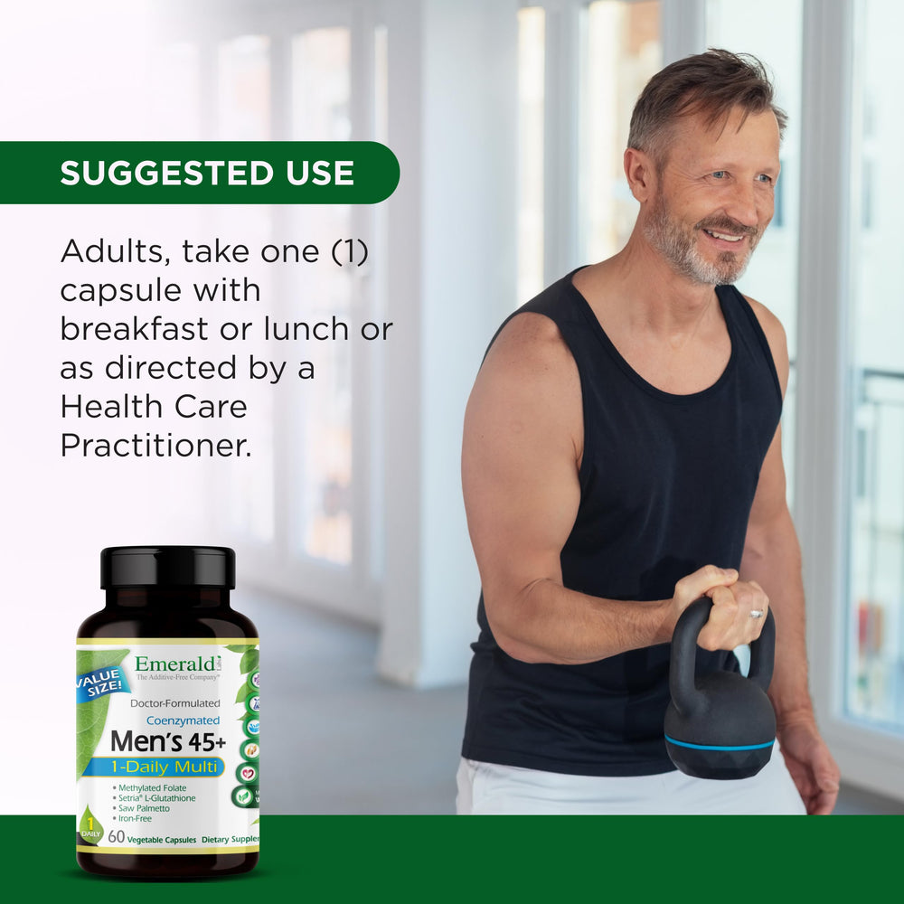 Emerald Labs Men's 45+ in a morning routine setup with water glass.