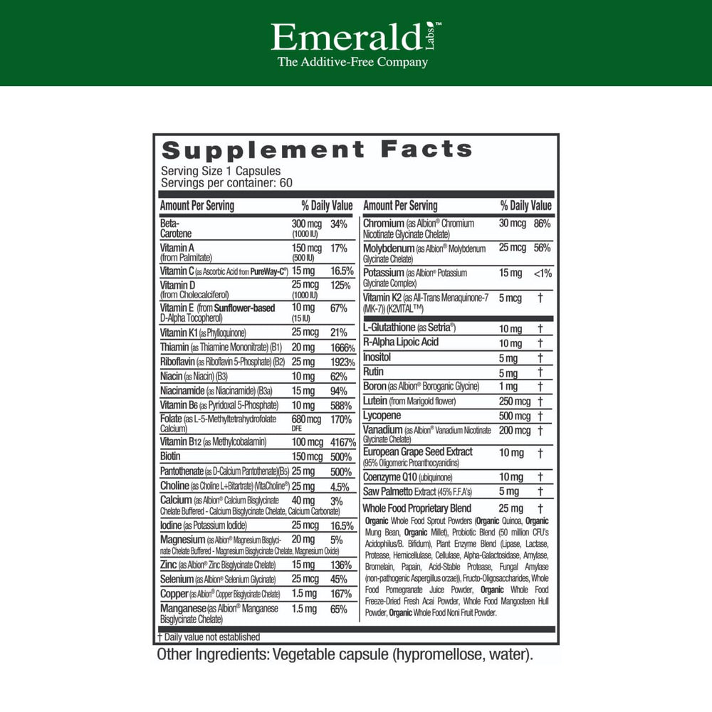 Emerald Labs Men's 45+ label close-up highlighting vitamin D3 and bioavailable nutrients.