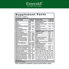 Emerald Labs Men's 45+ label close-up highlighting vitamin D3 and bioavailable nutrients.