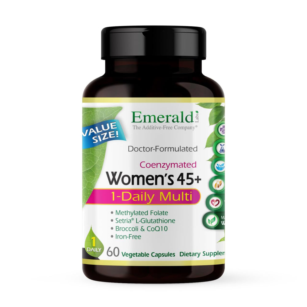 Emerald Labs Women's 45+ multivitamin bottle front view for daily wellness support.