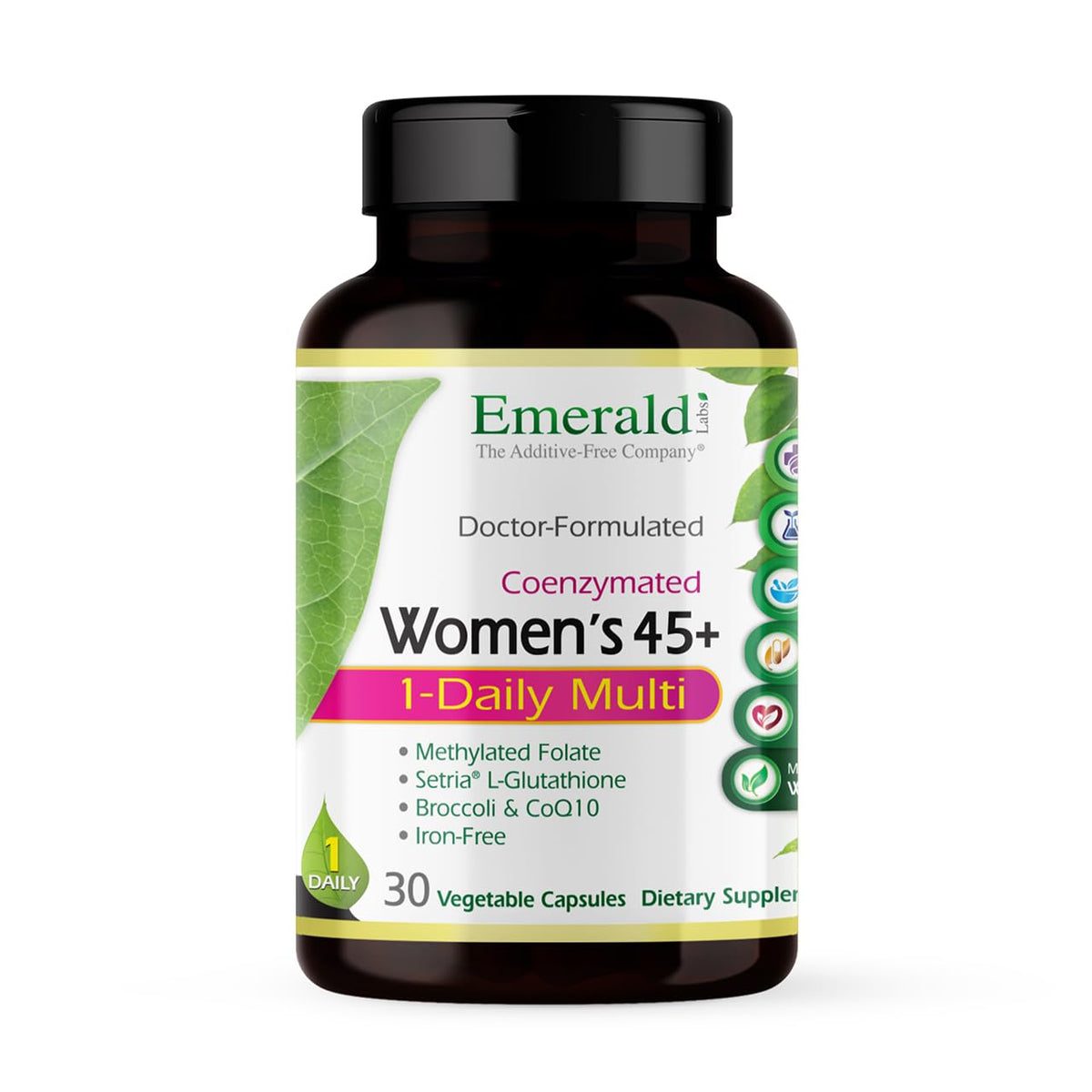 EMERALD LABS Women's 45+ multivitamin bottle supports daily wellness.