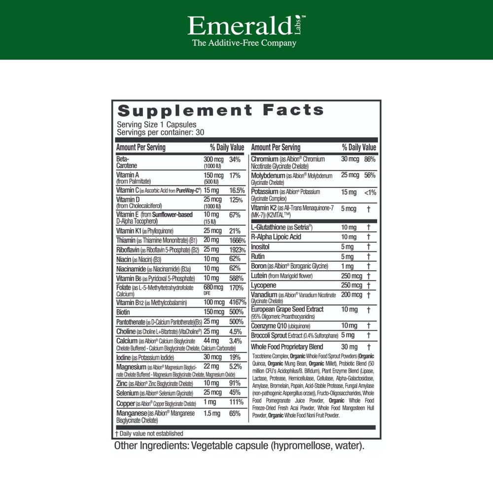 EMERALD LABS Women's 45+ capsules close-up for convenient daily nourishment.