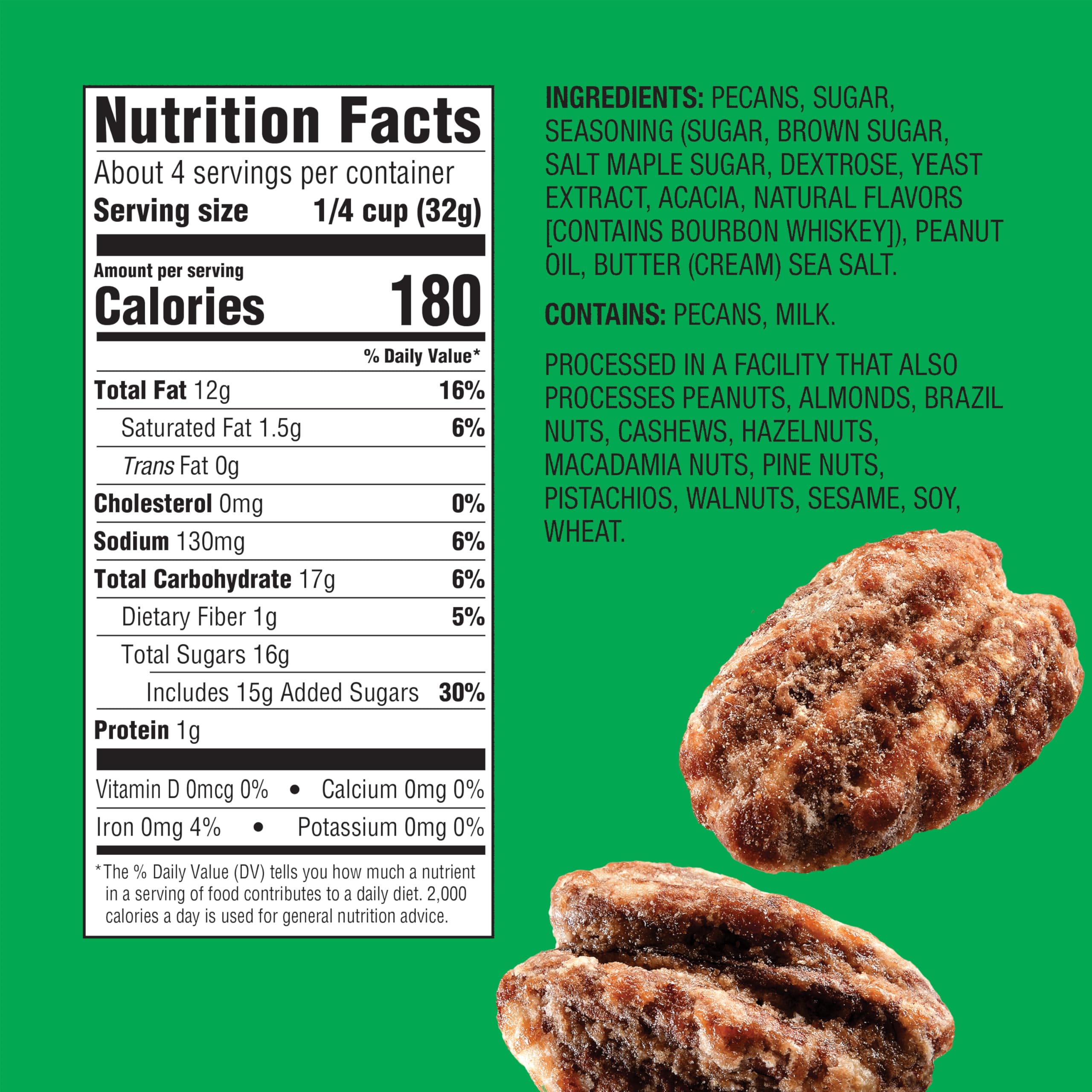 Emerald Maple Bourbon Pecans resealable bag on a shelf, ready for on-the-go snacking.