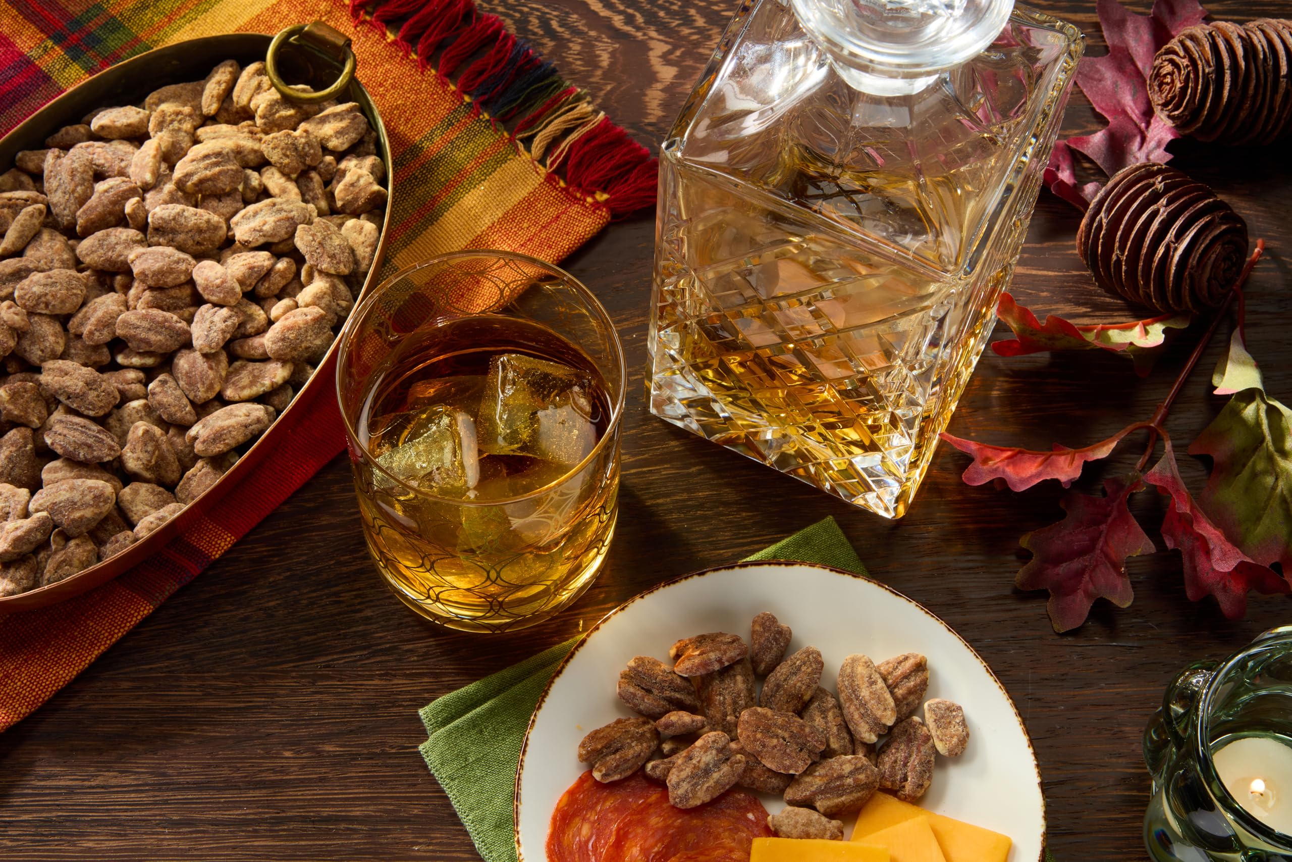 Emerald Maple Bourbon Pecans on a fall cheese board, pairing with bites.