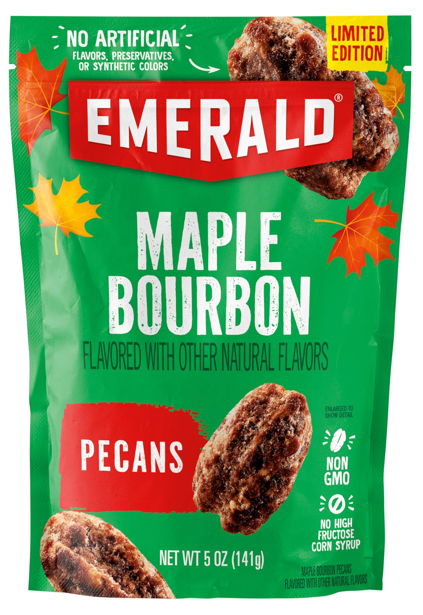 Emerald Maple Bourbon Pecans glaze close-up shows rich caramelized notes ideal for snacking.