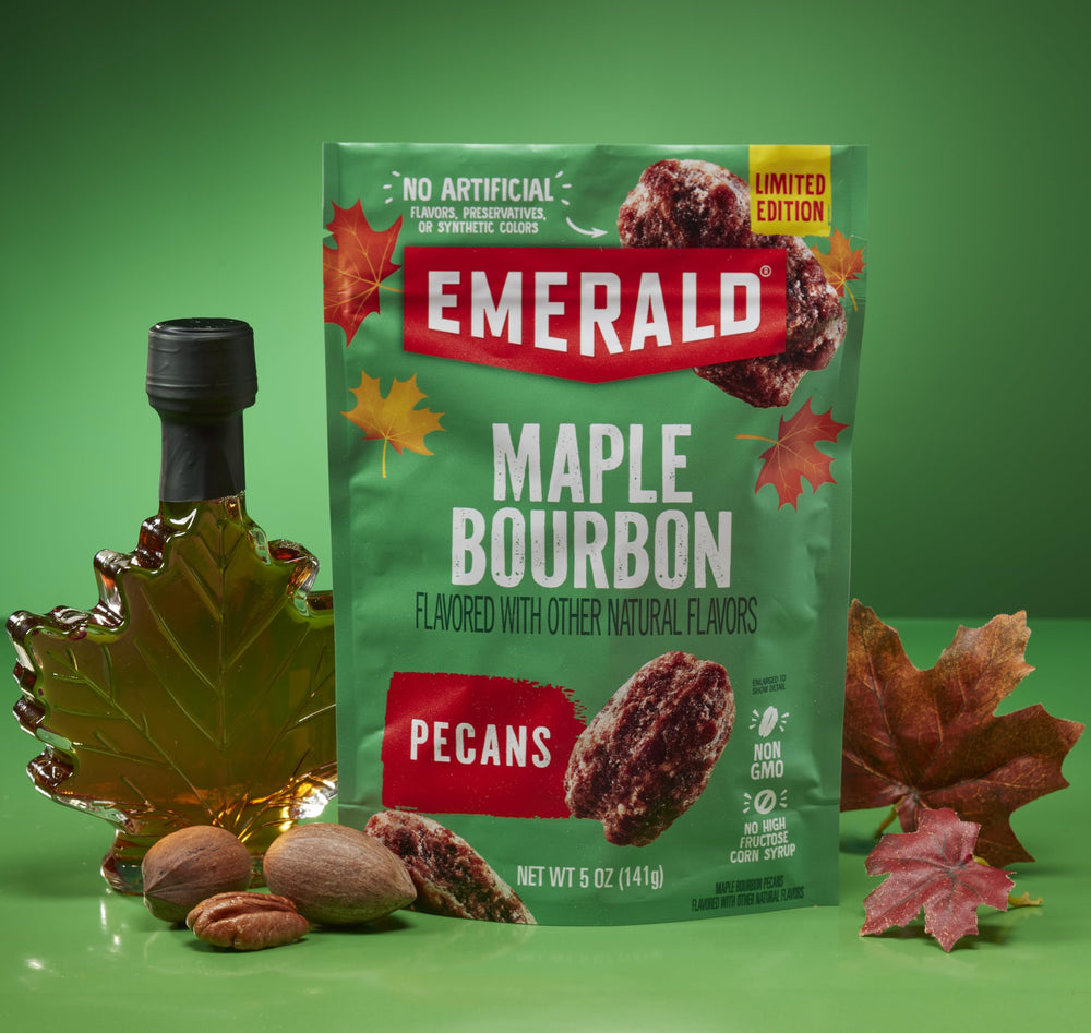 Emerald Maple Bourbon Pecans 5oz resealable bag preserves freshness for pantry snacking.