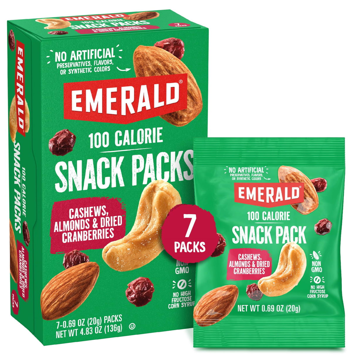 Emerald Nuts cashews, almonds, and cranberries in a 7-pack for quick snacks.