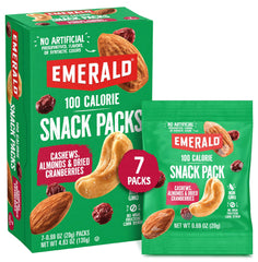 Emerald Nuts cashews, almonds, and cranberries in a 7-pack for quick snacks.