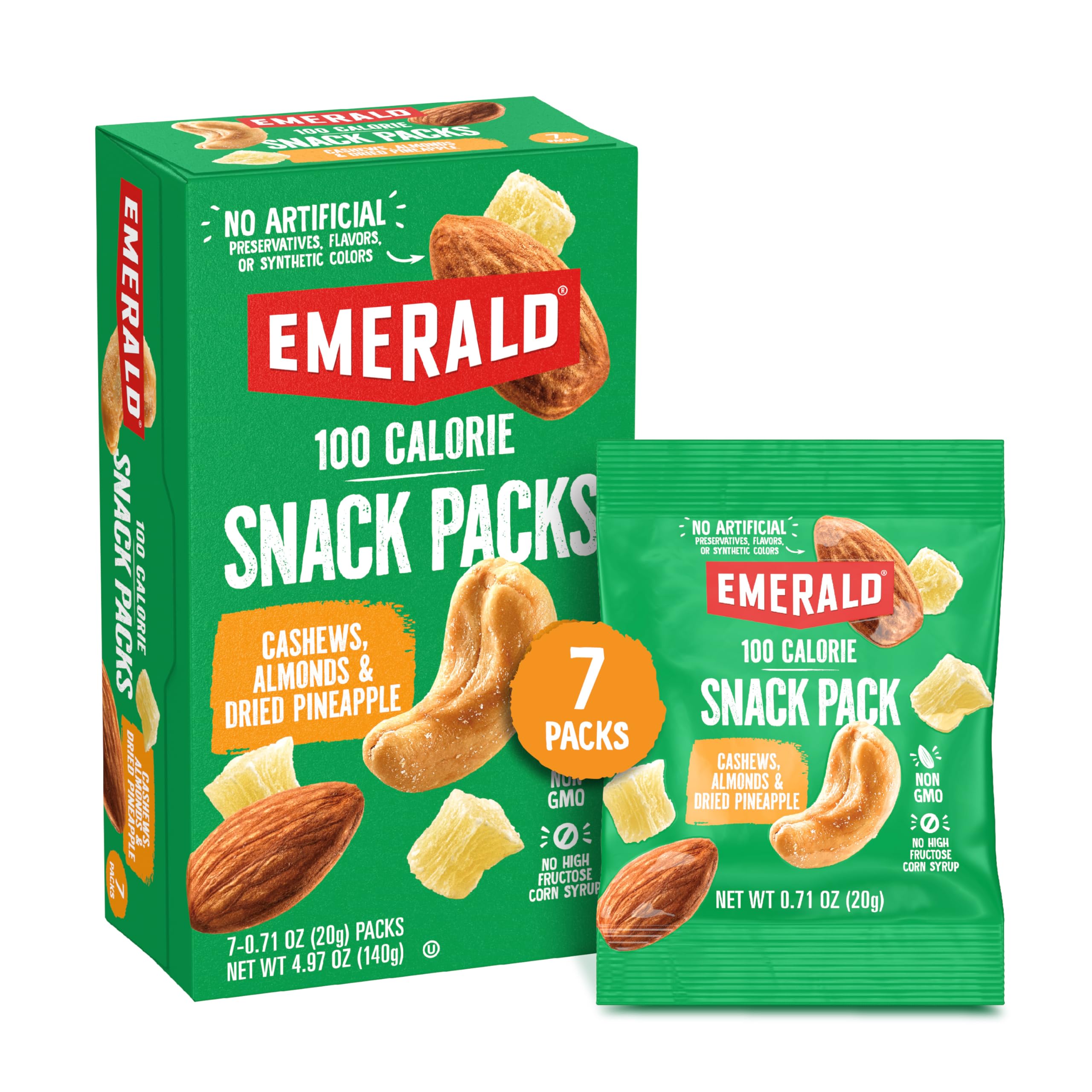 Emerald Nuts cashews and almonds with dried pineapple — seven-pack for on-the-go snacking