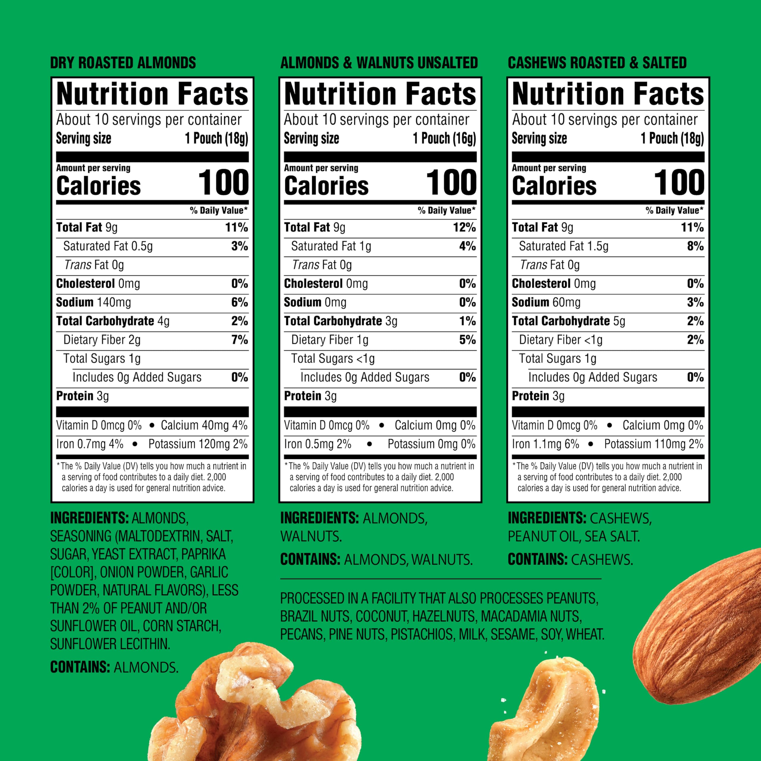 Emerald Dry roasted almonds image, showcasing 100-calorie pack size for on-the-go energy.