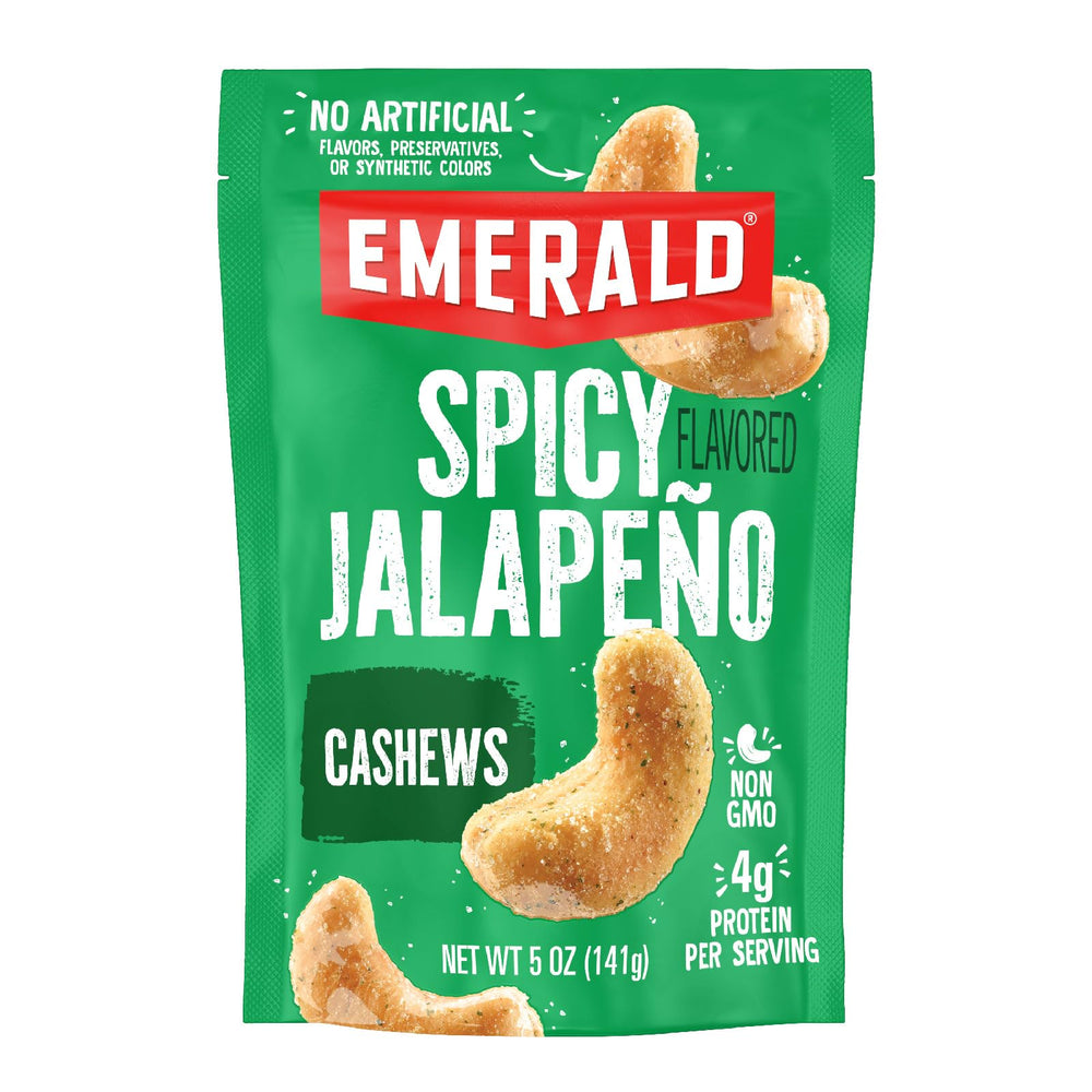 Emerald Jalapeno Cashews in a resealable bag stay fresh between snacks.