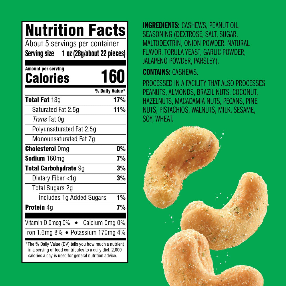 Close-up on Emerald Jalapeno Cashews seasoning reveals bold jalapeño flavor.