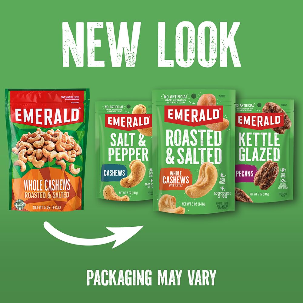 Crunchy Emerald Jalapeno Cashews show a seasoned coating and tasty snap.