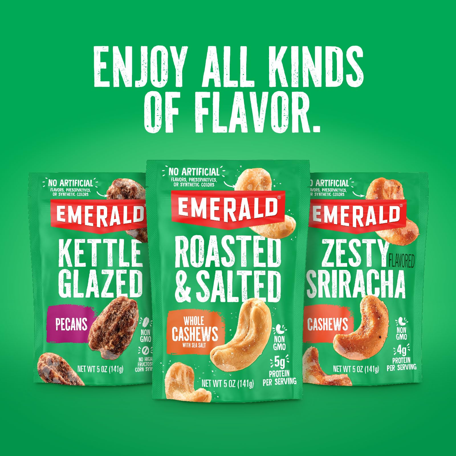 Emerald Jalapeno Cashews image highlights non-GMO and Kosher-certified credentials.