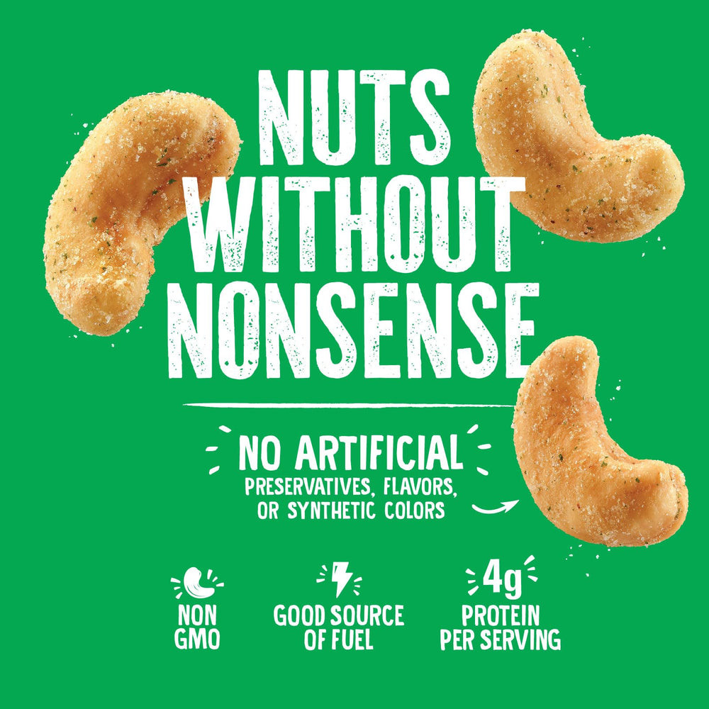 Serving view of Emerald Jalapeno Cashews suggests 5g protein per serving.