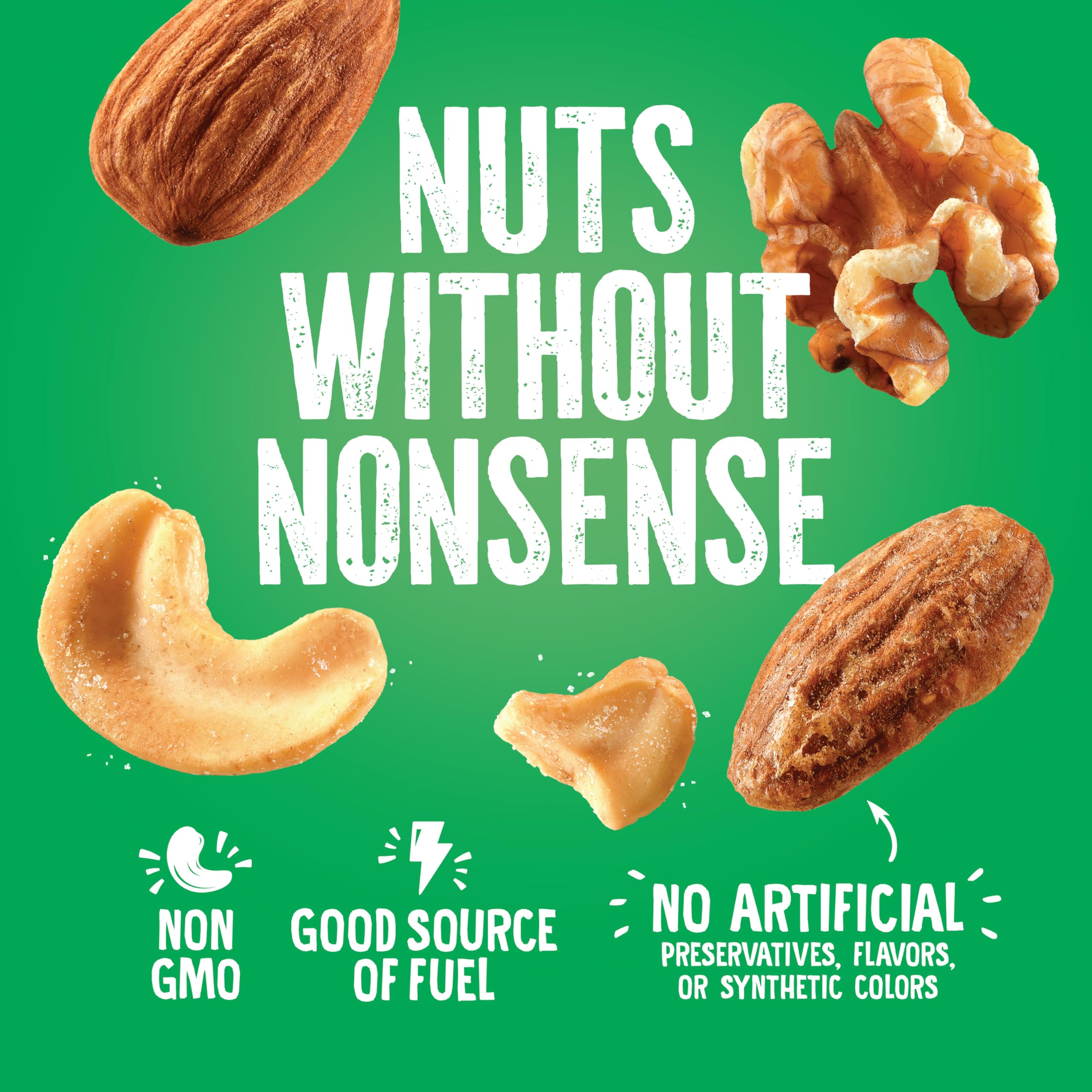 Emerald Kosher certified non-GMO badge beside nut mix.