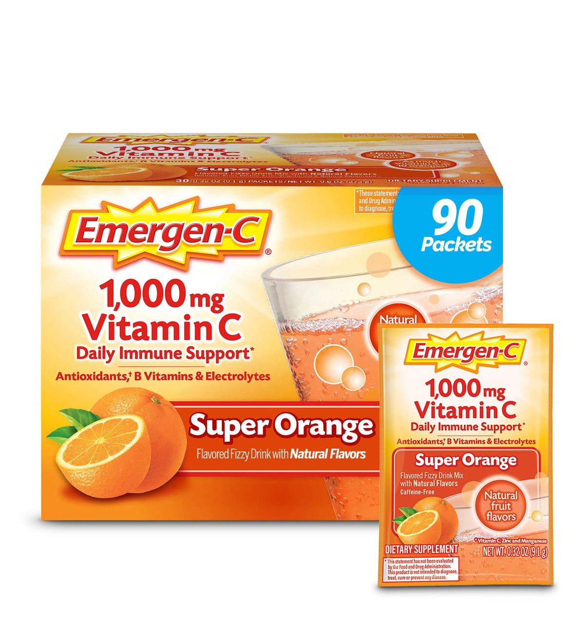 Emergen-C 1000mg powder packets for daily immune support, easy to mix.