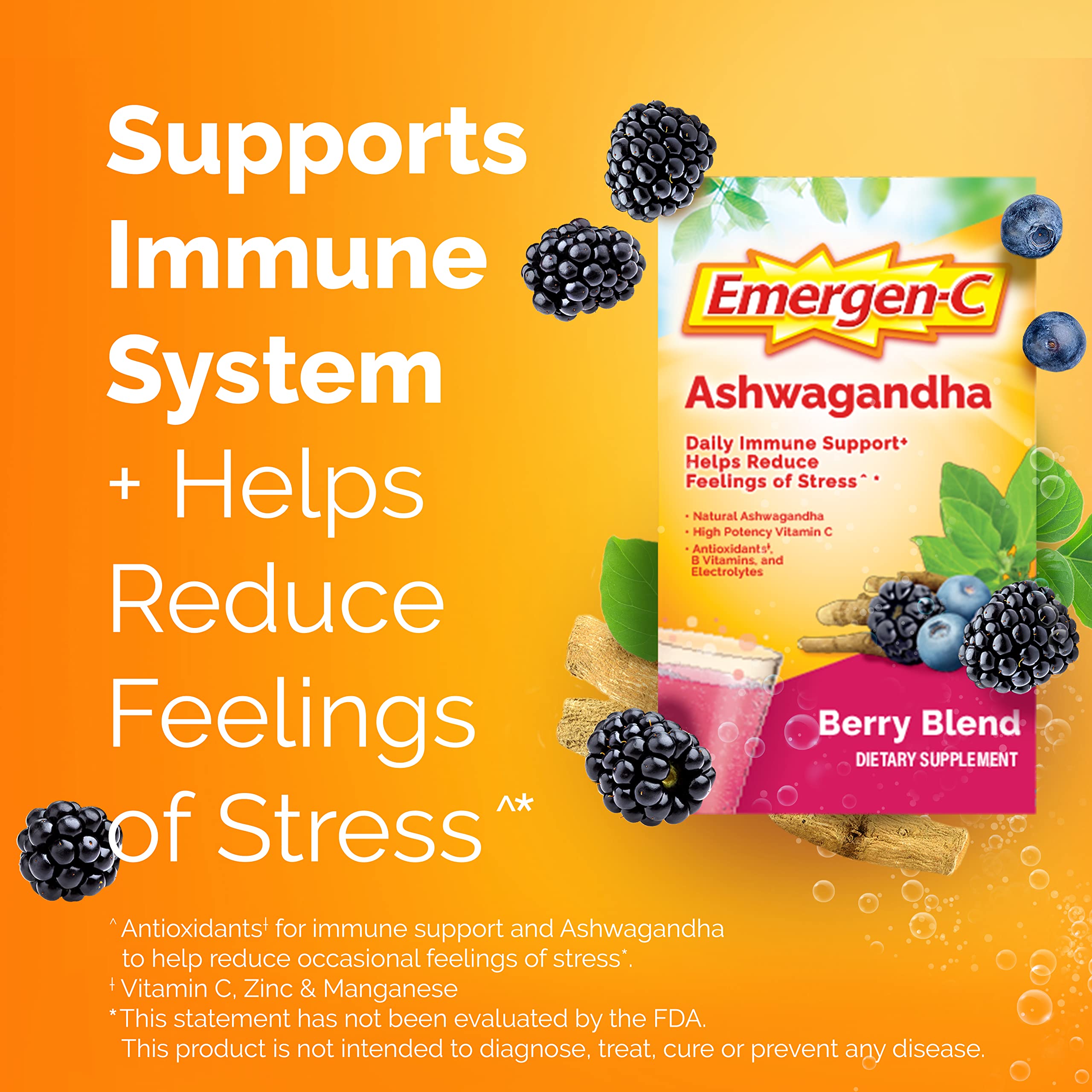 Emergen-C ashwagandha powder packet dissolving in water for a fruity, hydrating drink.