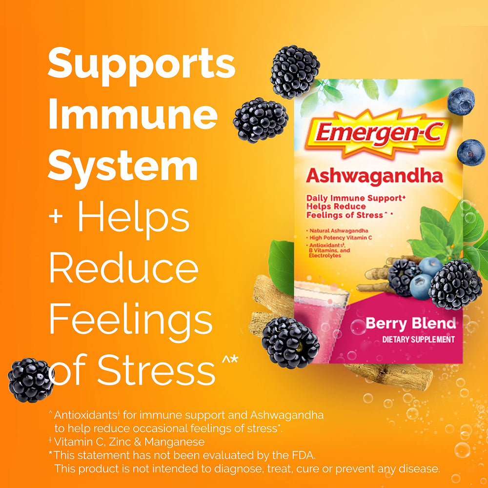Emergen-C ashwagandha powder packet dissolving in water for a fruity, hydrating drink.