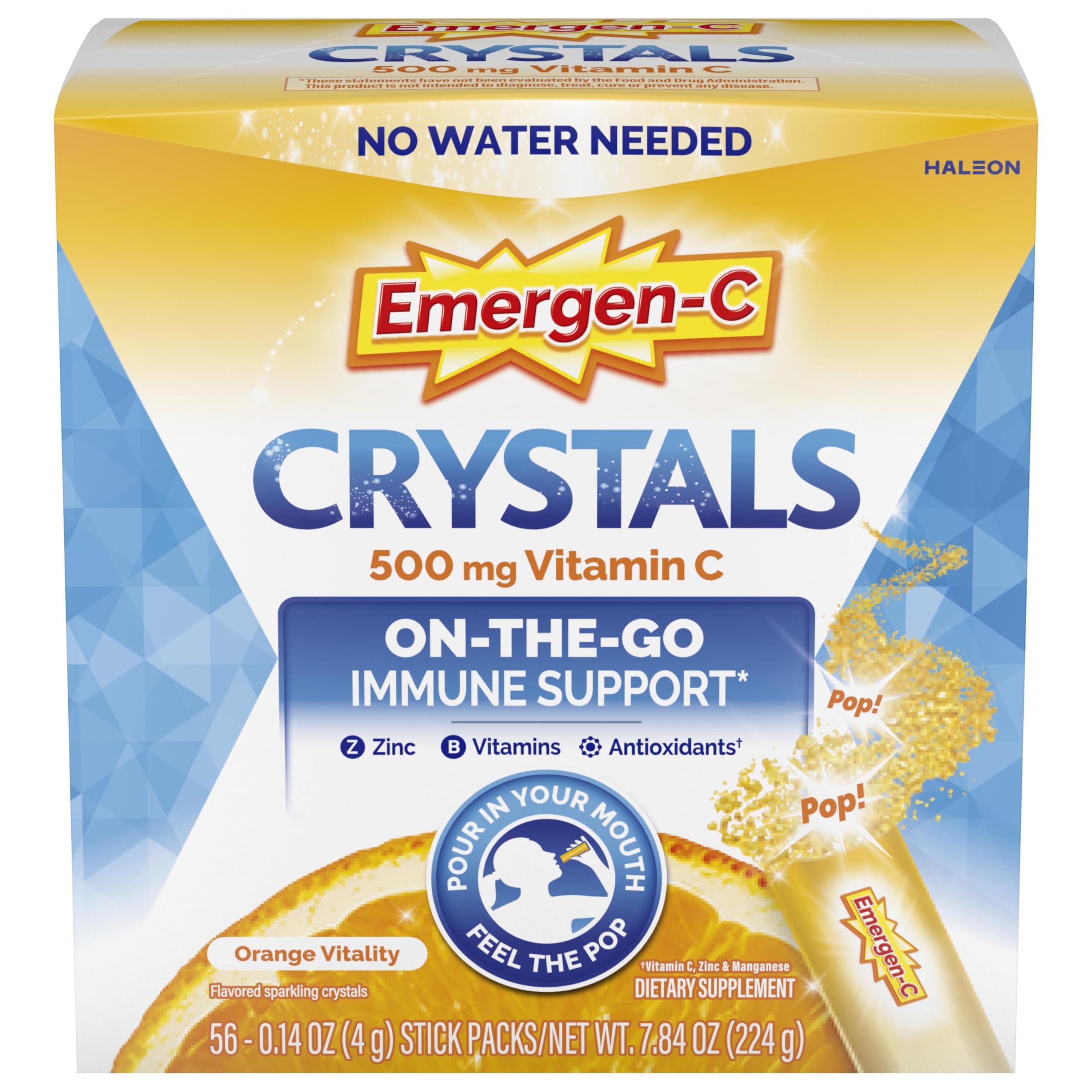 Emergen-C Crystals orange vitality box with 56 sticks for on-the-go immune support