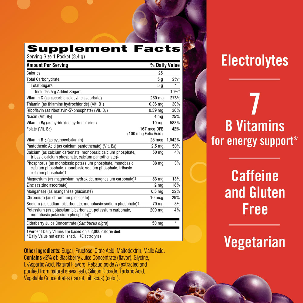 Emergen-C Elderberry citrus fizz in water for a refreshing sip.