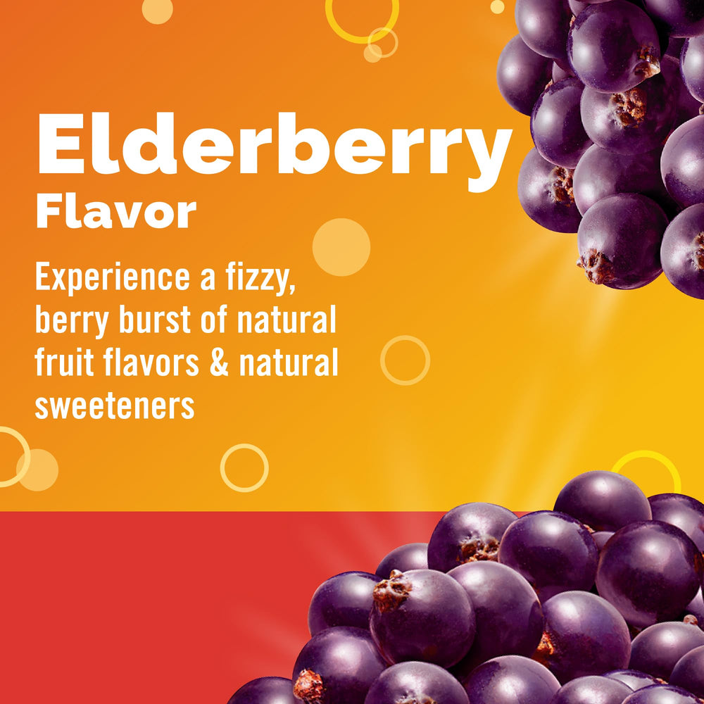 Emergen-C Elderberry dissolving powder in water delivers citrus fizz.