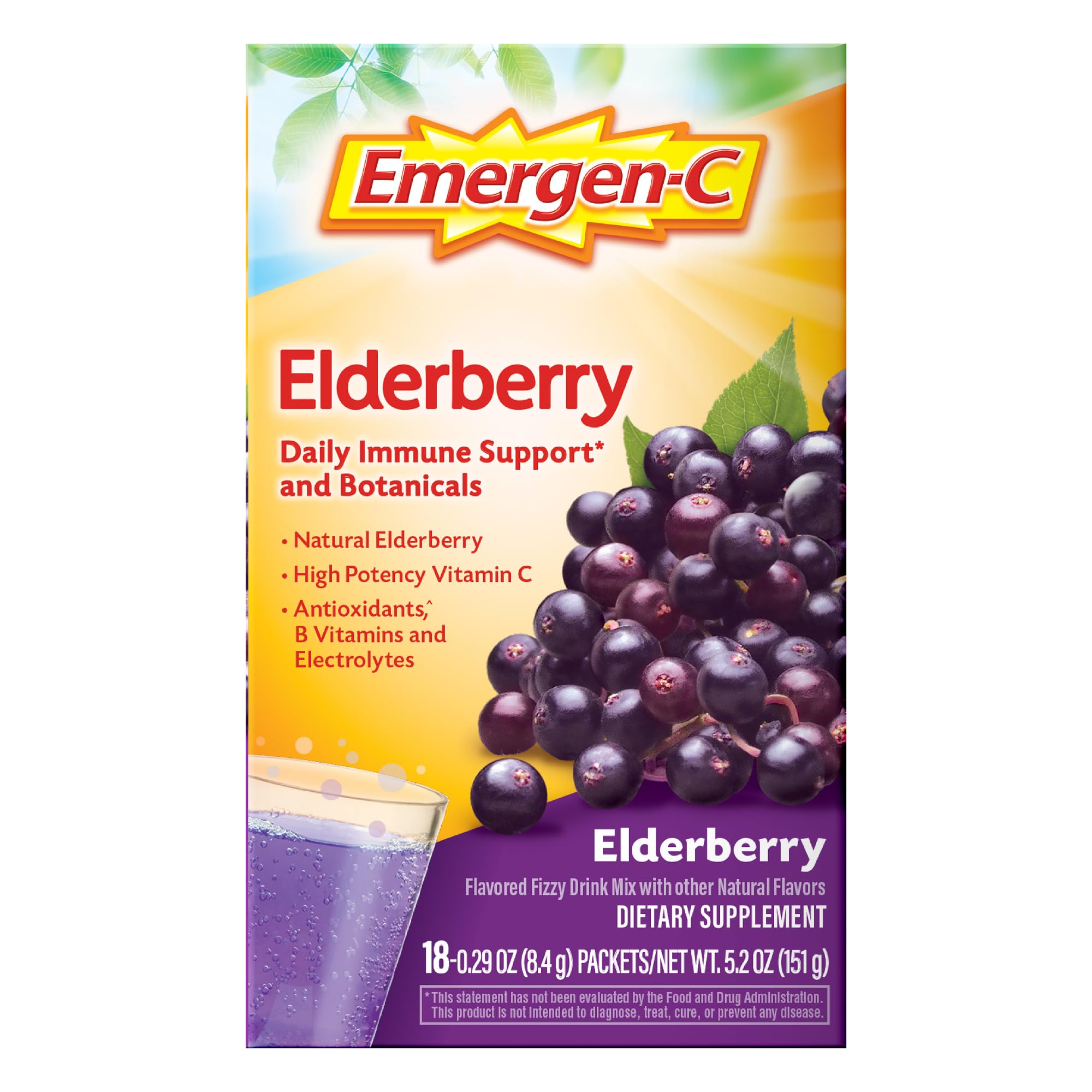 Emergen-C Elderberry fizzy drink mix packets close-up ready to dissolve.