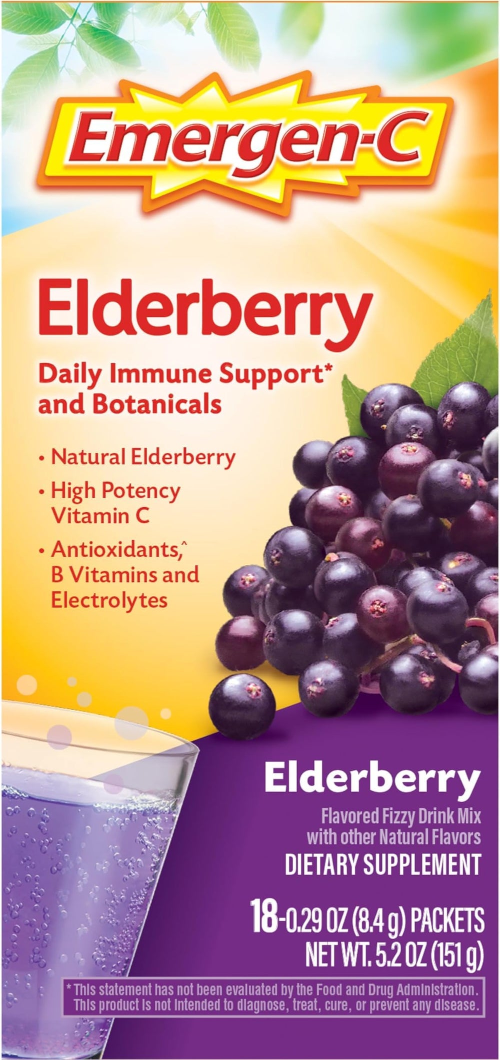 Emergen-C Elderberry glass ready drink shows bright golden effervescence.