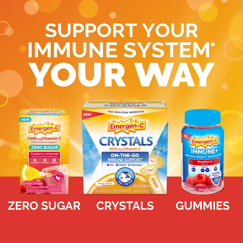 Vitamin C icons on Emergen-C Elderberry Gummies packaging for immune support potential