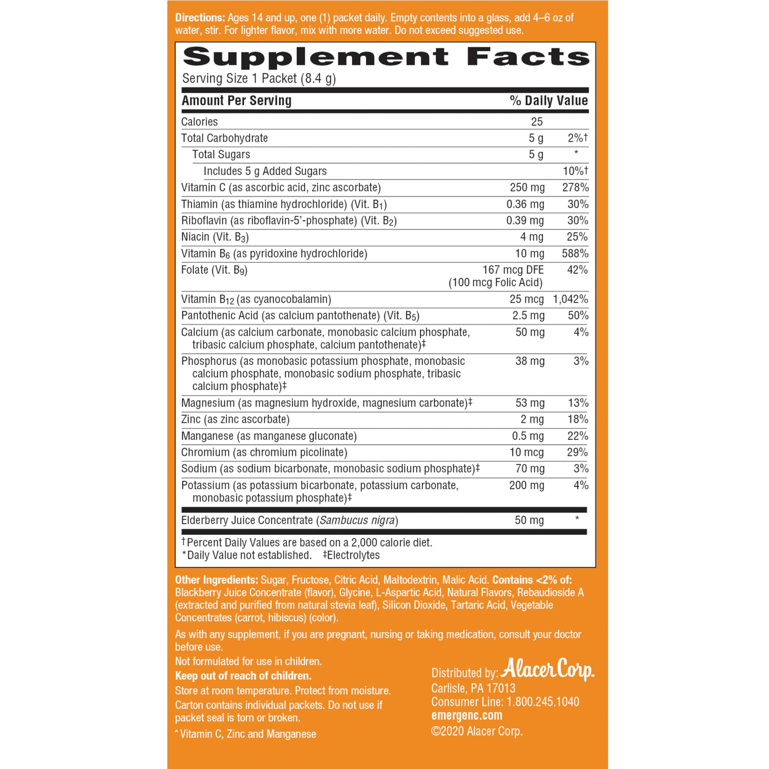 Emergen-C Elderberry ingredients label and gluten-free vegetarian formula.